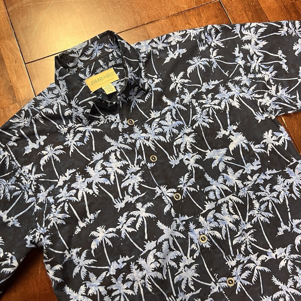 Johari West Batik Print Blue‎ Button Shirt Mens M Palms Resort Beach Hawaiian